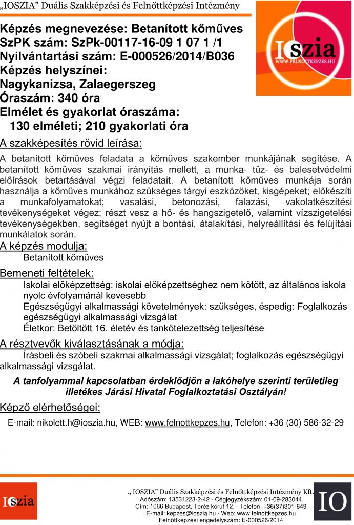 Betanított kőműves - Nagykanizsa - Zalaegerszeg - felnottkepzes.hu - Felnőttképzés - IOSZIA